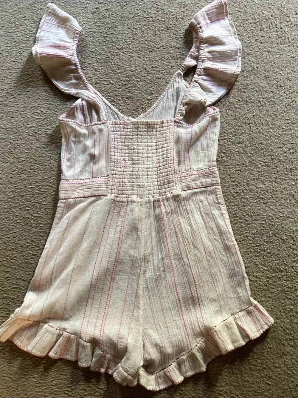 LoveShackFancy Cream & Pink Embroidered Striped Ruffle One Piece Romper NWT Sz 4